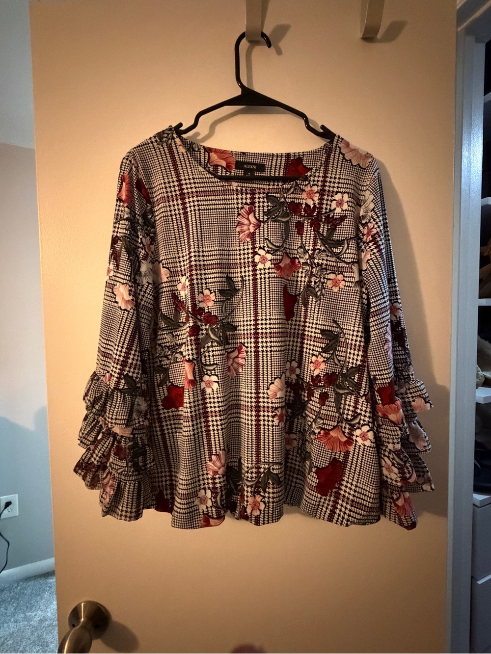Alfani Black & White Plaid Blouse with Red and Pink Floral Accents